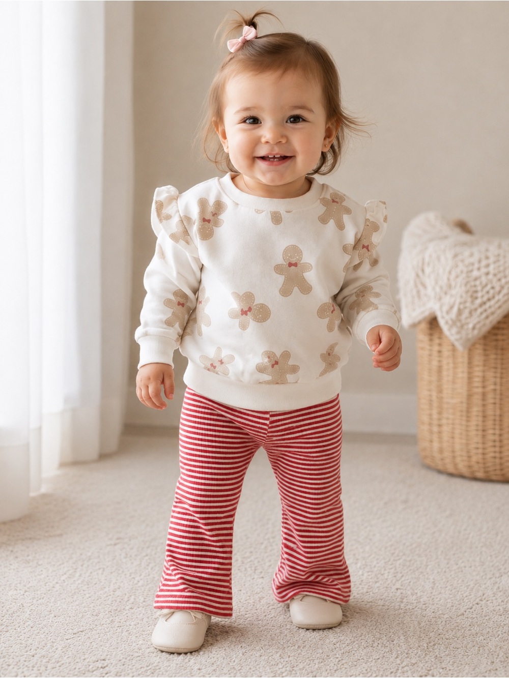 Kids Matching Set - White Gingerbread Top & red Striped Pants